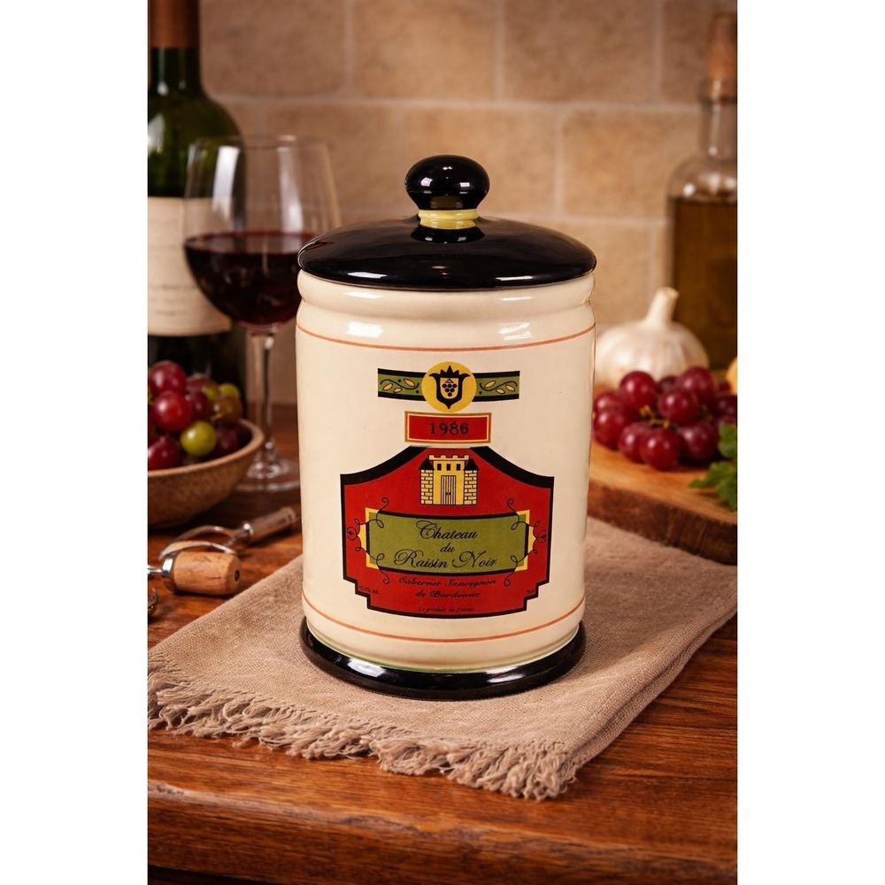 Vintage OGGI French Wine Label Ceramic Canister With Lid 9 In